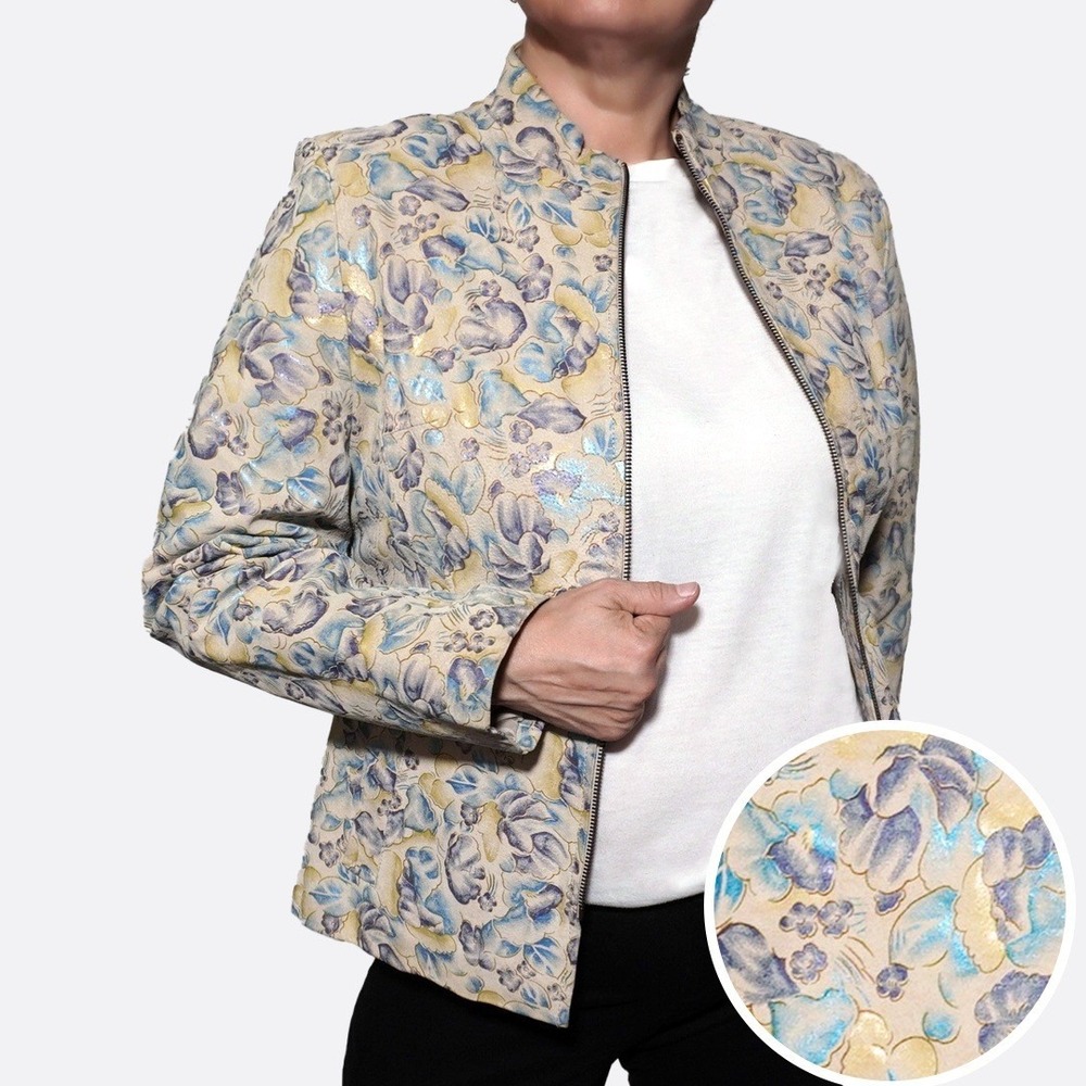 100% Leather Metallic Floral Jacket M L 10 12 Vintage Statement Print